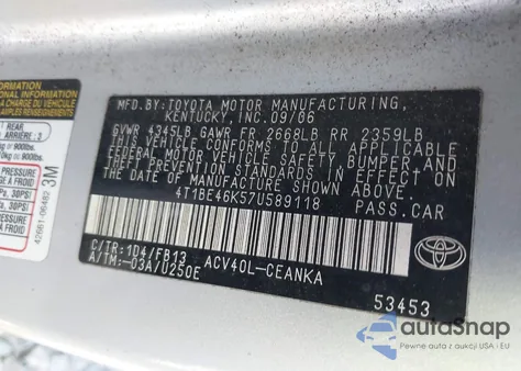 2007 Toyota Camry Ce from USA, damaged, VIN 4T1BE46K57U589118